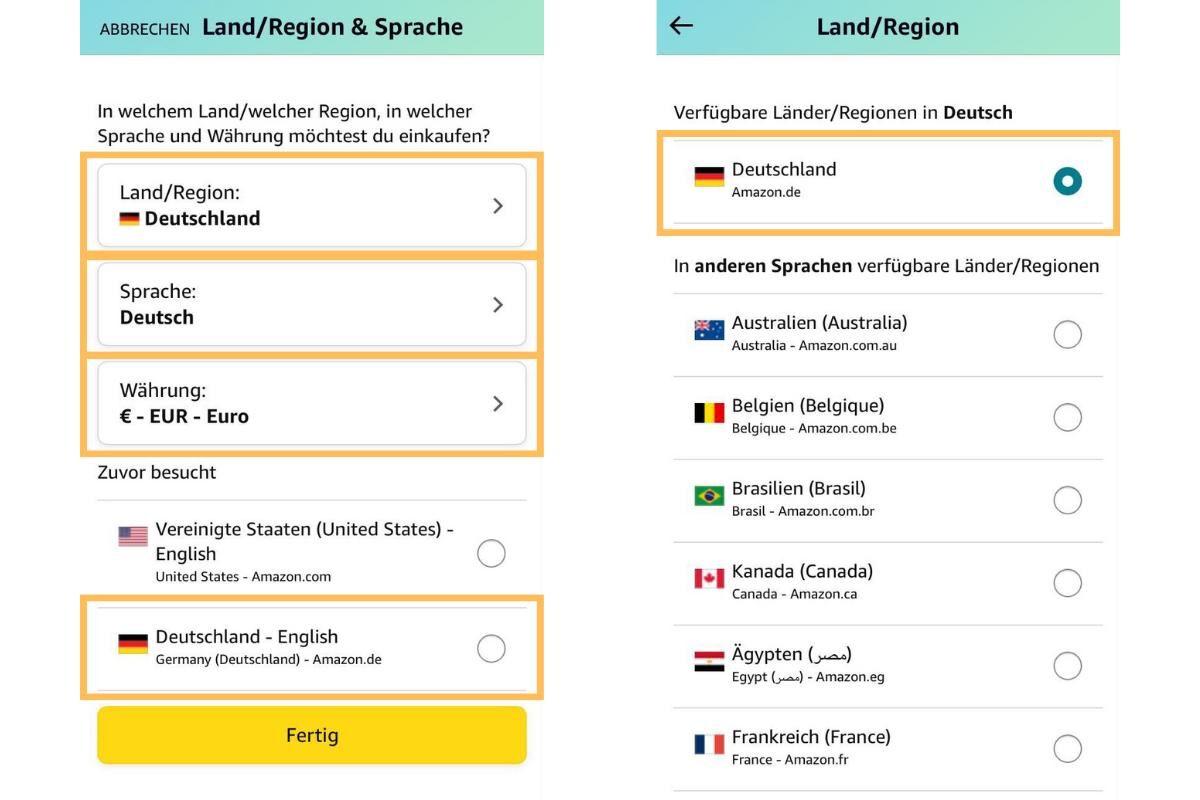 In der Amazon App sieht man die unterschiedlichen Spracheinstellungen, Einstellungen der Region und der Währung, sowie die zuvor gewählten Sprachen und Regionen.